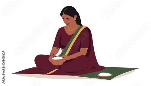 Cultural Illustration of Indian Woman Doing Household Chores in Traditional Attire