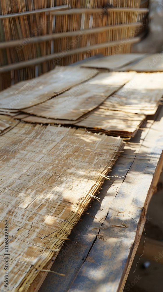 Traditional Papyrus Making Process in Sunlit Rural Setting Traditional Papyrus Making Process in Sunlit Rural Setting
