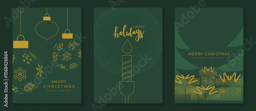 Luxury christmas invitation card art deco design vector. Christmas tree, bauble, gift, candle, spot texture on green background. Design illustration for season's greeting poster, cover.