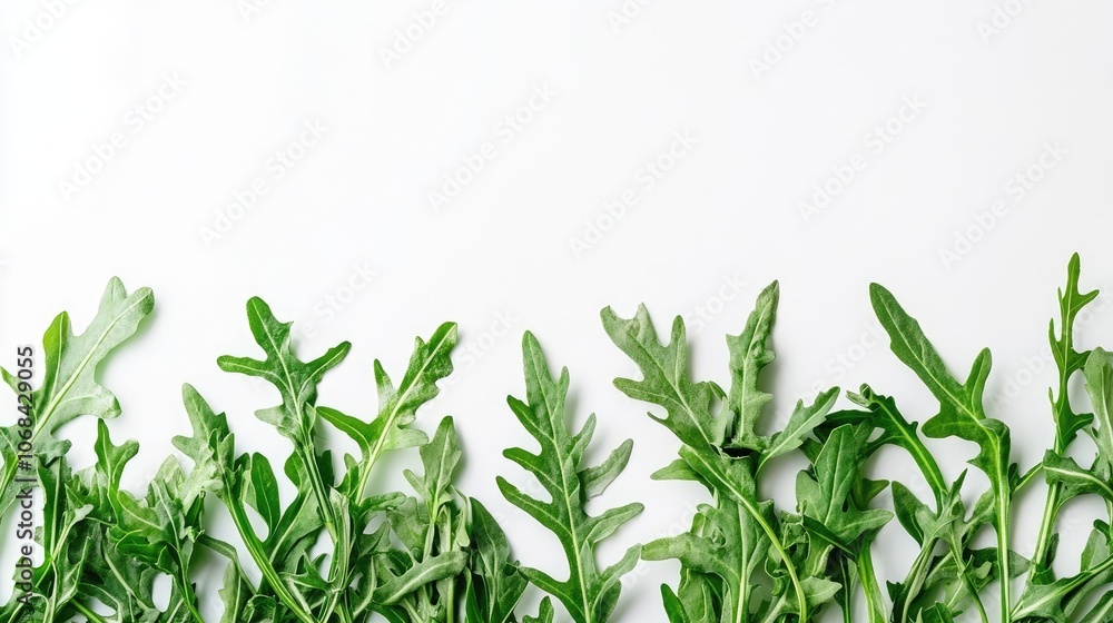 Fresh arugula leaves arranged together create a vibrant display, isolated against a white background, perfect for highlighting the rich green color and textures of arugula. Ample copy space available. Fresh arugula leaves arranged together create a vibrant display, isolated against a white background, perfect for highlighting the rich green color and textures of arugula. Ample copy space available.