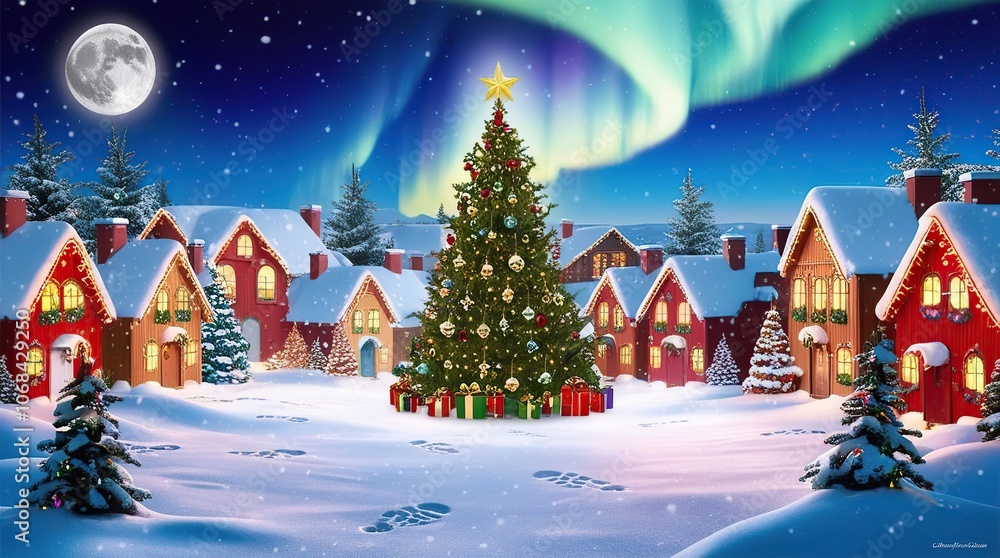 Christmas background with snow and a christmas tree filled with houses and decorated with colorful Christmas lights Christmas background with snow and a christmas tree filled with houses and decorated with colorful Christmas lights