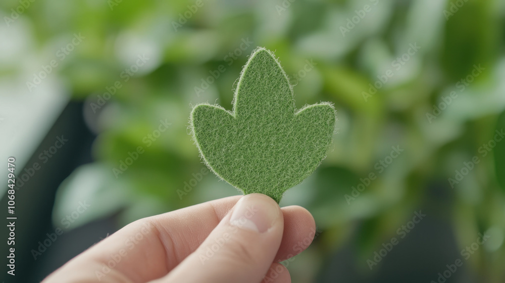A hand holds a green leaf with a textured surface against a blurred background of leafy plants. A hand holds a green leaf with a textured surface against a blurred background of leafy plants.