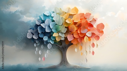 Fototapeta Naklejka Na Ścianę i Meble -  A vibrant and whimsical illustration of a colorful tree with leaves on hanging branches, creating a lush and lively 3D abstraction wallpaper
