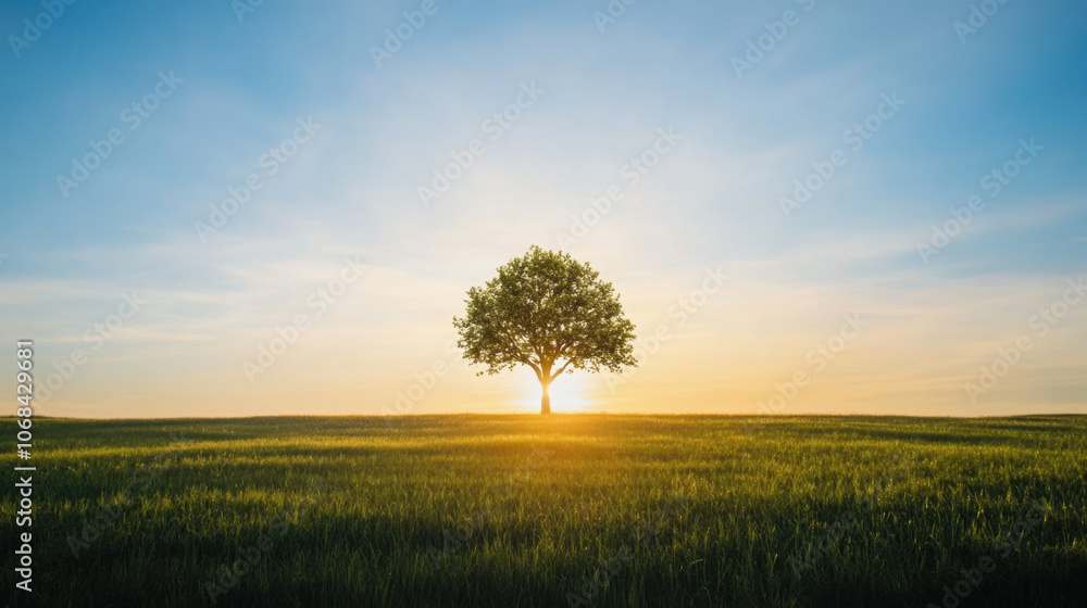 A solitary tree stands against a vibrant sunset, casting a serene silhouette over a tranquil green field. A solitary tree stands against a vibrant sunset, casting a serene silhouette over a tranquil green field.