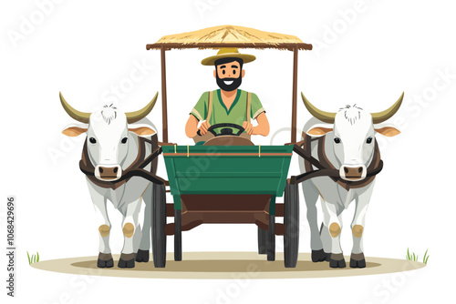 Farmer Driving Traditional Bullock Cart, Flat Vector Illustration of Rural Life