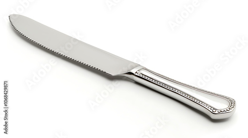 This is a silver-plated cake knife with a serrated blade and an ornate handle. It is perfect for slicing cakes and other desserts.