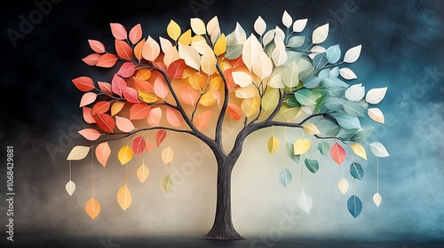 Fototapeta Naklejka Na Ścianę i Meble -  A vibrant and whimsical illustration of a colorful tree with leaves on hanging branches, creating a lush and lively 3D abstraction wallpaper