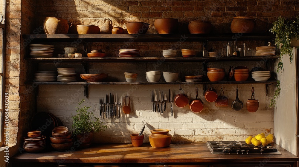 Obraz premium Cozy Rustic Kitchen with Open Wooden Shelves