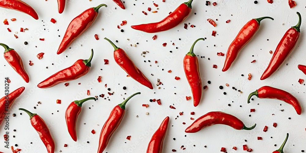 Vibrant, fiery red peppers are showcased against a white backdrop, emphasizing their role in spicy cuisine and promoting healthy eating habits.