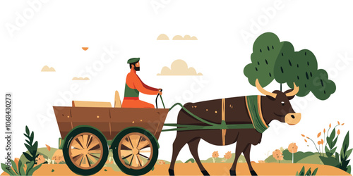 Rural Farmer Driving Ox Cart Through Fields, Symbol of Agricultural Tradition