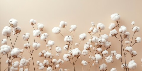 Poster Bloemen Witte katoenbollen op beige achtergrond  © Nijat