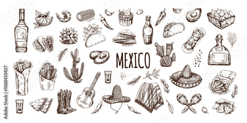 Hand-drawn set of realistic mexican elements. Vintage sketch drawings of Latin American culture. Vector ink illustration. Mexican culture. Latin America.