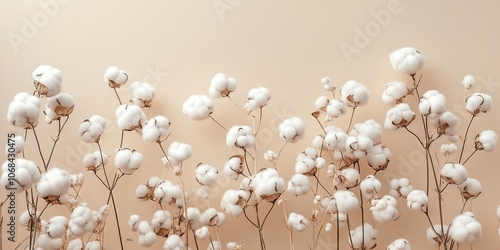 Floral adornment featuring white cotton balls set against a beige background creates a beautiful and soft aesthetic. The combination enhances the overall appeal.