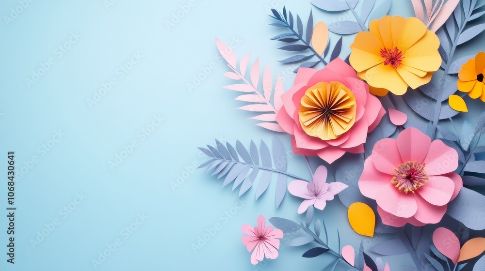 Vibrant paper flowers in various shapes and colors are artistically arranged against a soft blue background, highlighting a creative approach to floral design Vibrant paper flowers in various shapes and colors are artistically arranged against a soft blue background, highlighting a creative approach to floral design