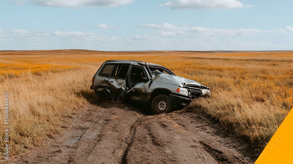 Overturned vehicle in a rural grassy field after a car accident The car is damaged and resting in a ditch with the sky and clouds visible in the background Overturned vehicle in a rural grassy field after a car accident The car is damaged and resting in a ditch with the sky and clouds visible in the background