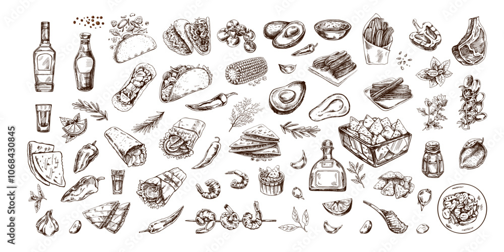 Hand-drawn set of realistic mexican dishes and products. Vintage sketch drawings of Latin American cuisine. Vector ink illustration. Mexican culture. Latin America. Hand-drawn set of realistic mexican dishes and products. Vintage sketch drawings of Latin American cuisine. Vector ink illustration. Mexican culture. Latin America.