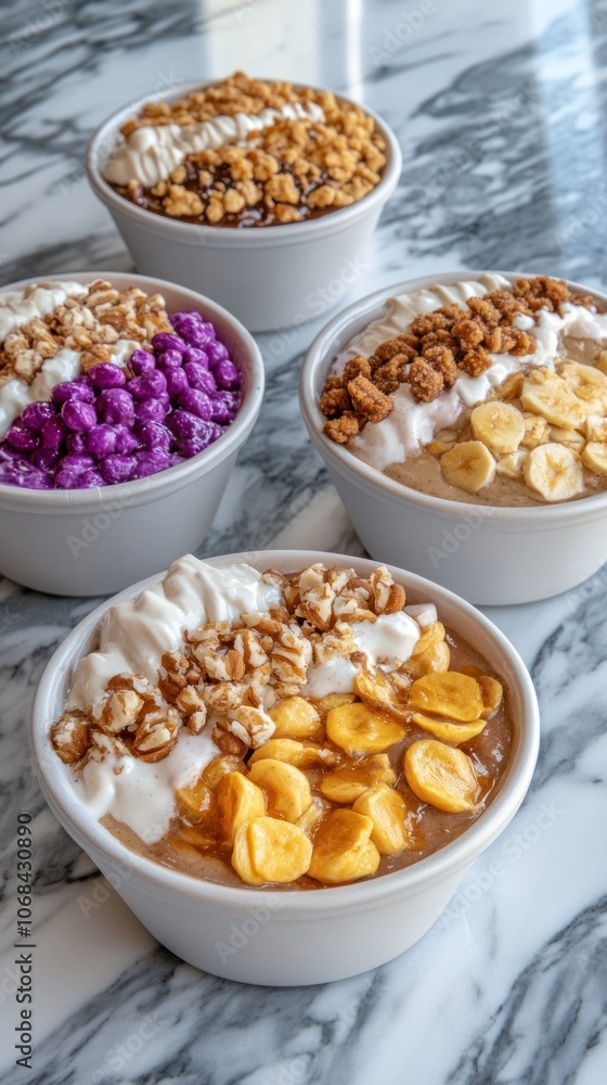 Four bowls of dessert topped with whipped cream, granola, and colorful cereal. Four bowls of dessert topped with whipped cream, granola, and colorful cereal.