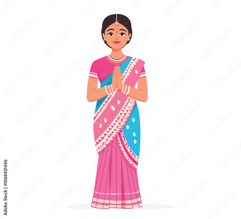 Illustration of Indian Woman in Traditional Sari with Namaste Gesture for Greeting Illustration of Indian Woman in Traditional Sari with Namaste Gesture for Greeting