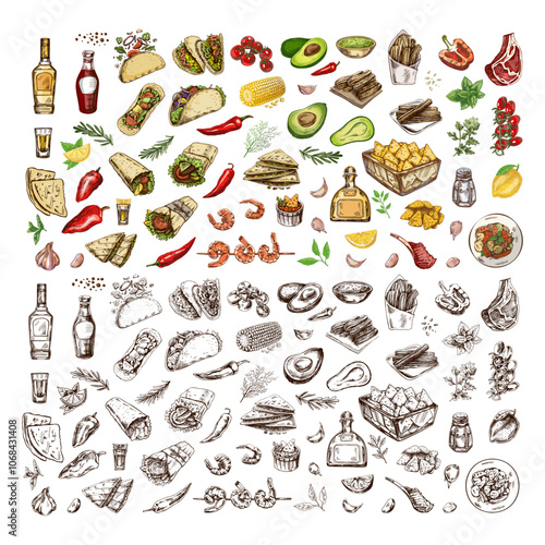 Hand-drawn colored and monochrome set of realistic mexican dishes and products. Vintage sketch drawings of Latin American cuisine. Vector ink illustration. Mexican culture. Latin America.