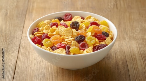 Bowl of cereal with dried fruit, highlighting the vibrant colors and textures. Ideal for food photography, this image captures a delicious breakfast option with ample copy space. photo