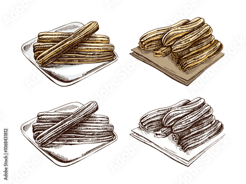Hand-drawn colored and monochrome set of churos in sketch style. Vintage drawing of Mexican dessert. Vector black ink outline food illustration. Mexican food, cuisine. An illustration for the menu. 