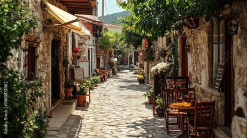 Fototapeta Naklejka Na Ścianę i Meble -  A quaint alleyway with local shops and outdoor seating, 