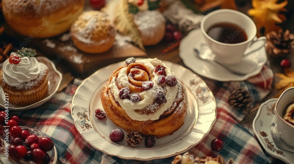 Cozy high tea or coffee experience with sweet cranberry cinnamon roll and seasonal homemade baked goods, complemented by a plaid fabric setting, ideal for a fall ambiance. Cozy high tea or coffee experience with sweet cranberry cinnamon roll and seasonal homemade baked goods, complemented by a plaid fabric setting, ideal for a fall ambiance.