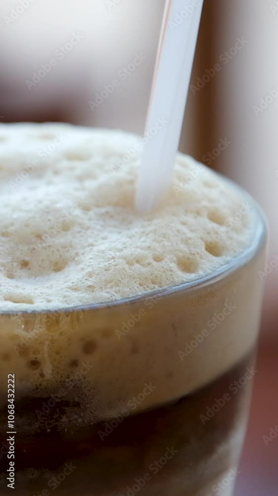 glass of cold coffee on wooden table with beach landscape view, nature background, iced coffee latte glass of cold coffee on wooden table with beach landscape view, nature background, iced coffee latte