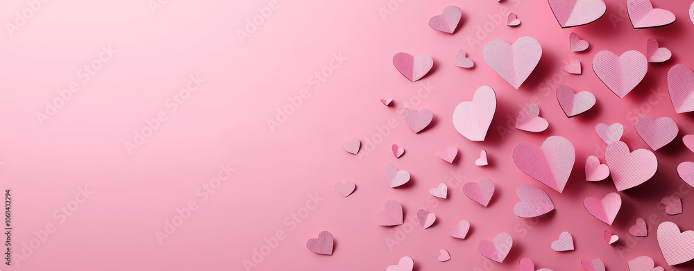 A cascade of pink paper hearts floats across a soft background, symbolizing love and joy in a delicate and artistic display. A cascade of pink paper hearts floats across a soft background, symbolizing love and joy in a delicate and artistic display.