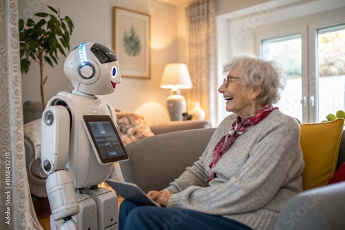 An elderly woman sits and smiles while interacting with a humanoid care robot in a cozy home setting, representing AI in elder care.

