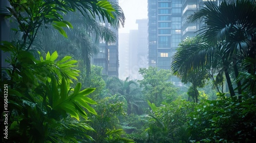 Misty urban environment with a lush green plant sanctuary, offering a serene escape amidst city life. The green plant sanctuary invites tranquility and rejuvenation within the bustling setting.