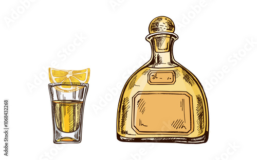 Hand-drawn colored and monochrome bottle of tequila and shot glass with tequila with a slice of lime. Design element for the menu of bars and in engraving style. Mexican, Latin America.