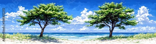 Serene Beach Landscape with Vibrant Trees and Sky