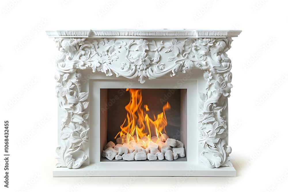 White artificial fireplace isolated on white background White artificial fireplace isolated on white background