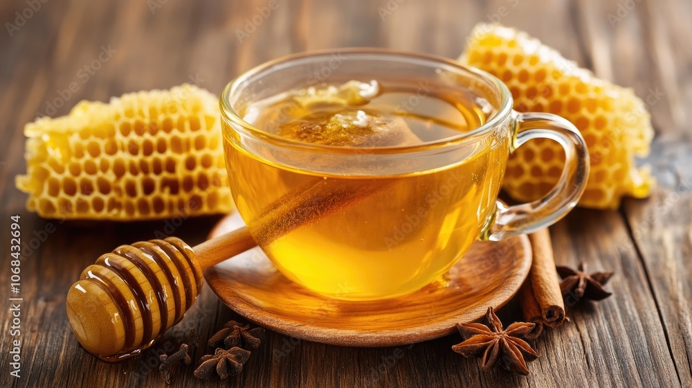 Elegant Glass Teacup with Golden Tea and Honey Elegant Glass Teacup with Golden Tea and Honey