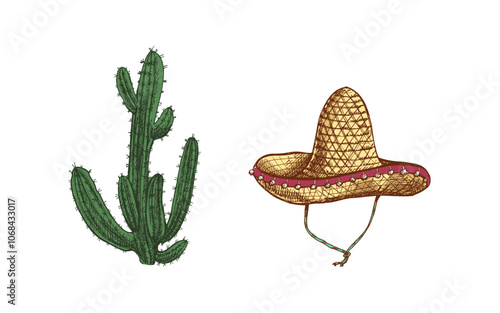 Hand-drawn colored sombrero and cactus sketches. Vintage drawing of hat. Vector black ink outline illustration. Mexican culture, clothes, Latin America.