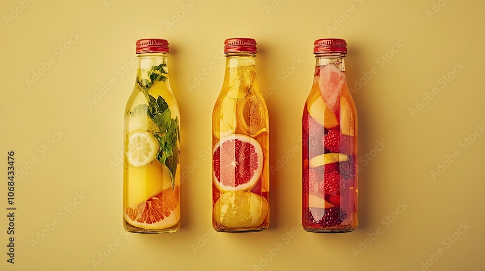 Fresh fruit juices in bottles with vibrant colors, perfect for a refreshing drink. These fruit juices are captured in a clean cut-out style, allowing for ideal background space. Fresh fruit juices in bottles with vibrant colors, perfect for a refreshing drink. These fruit juices are captured in a clean cut-out style, allowing for ideal background space.