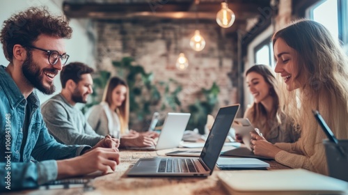 Group of young people working together in a modern office