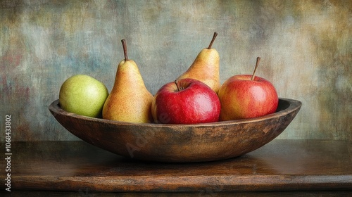 Elegant arrangement of apples and pears in a wooden bowl, capturing the natural beauty and vibrant colors of the apples and pears, with ample copy space for your design needs.