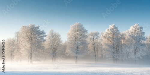 A snowy forest in winter is enveloped in mist, showcasing trees blanketed in white and a serene blue sky above, creating a tranquil winter landscape.