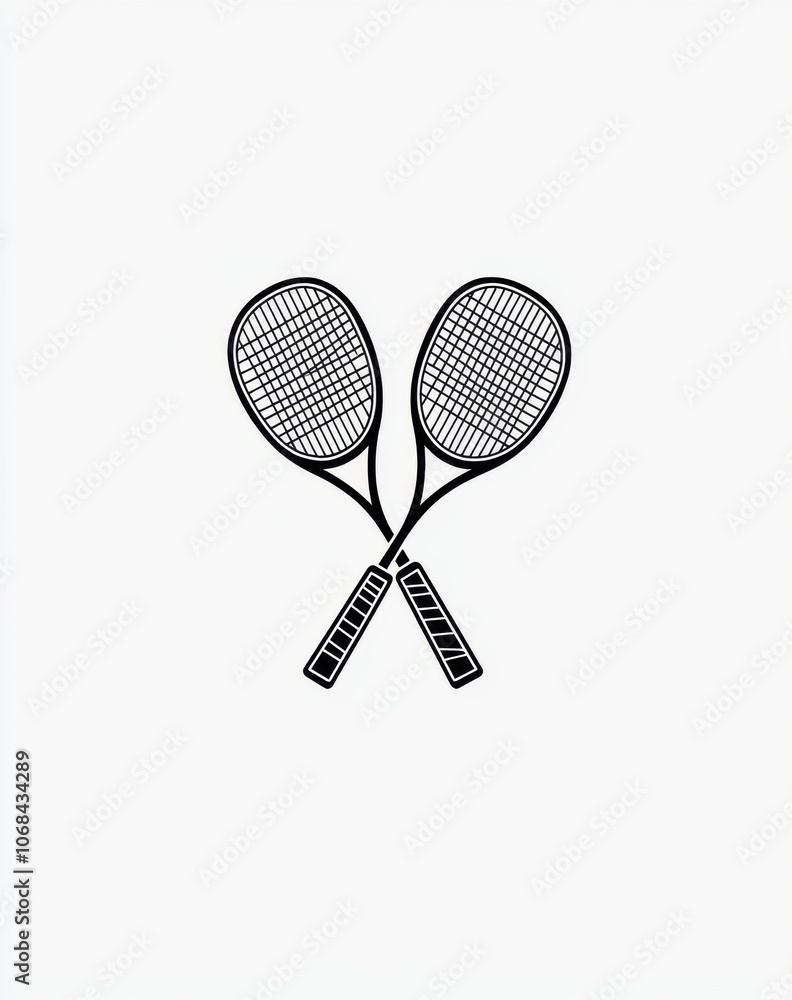 Two tennis rackets are crossed over each other. The rackets are black and white. Concept of sportsmanship and teamwork Two tennis rackets are crossed over each other. The rackets are black and white. Concept of sportsmanship and teamwork