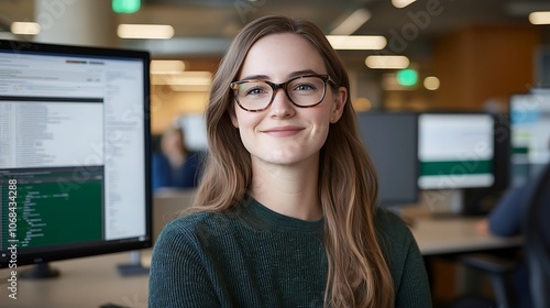 Young professional smiles confidently while working at computer in modern office setting