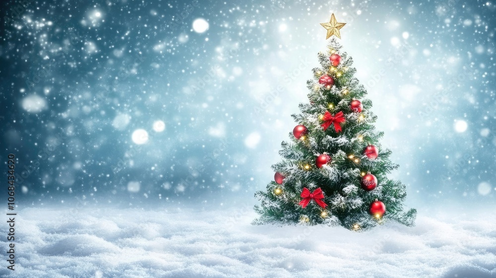 Christmas tree surrounded by snow creates a serene winter scene. The Christmas tree, adorned with decorations, stands out beautifully against the snowy backdrop, perfect for holiday themes. Christmas tree surrounded by snow creates a serene winter scene. The Christmas tree, adorned with decorations, stands out beautifully against the snowy backdrop, perfect for holiday themes.