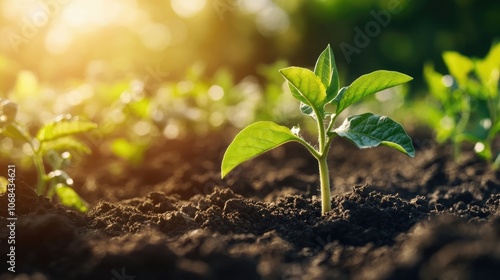 Young fruit sprout emerging from fertile soil in a vegetable garden, symbolizing growth with green leaf shoots of vegetables developing in an agricultural setting with ample space.