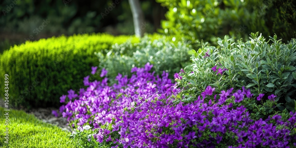 Obraz premium Bright purple blossoms nestled within a thriving, green garden display their beauty. The vivid colors of the purple flowers contrast wonderfully with the rich greenery surrounding them.