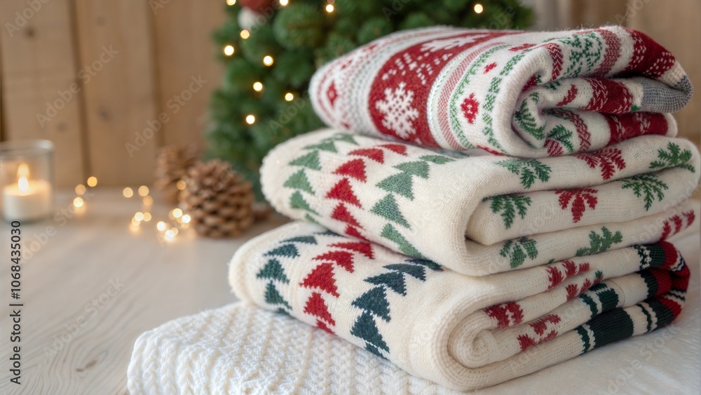 Stack of festive Christmas sweaters with pine and candle lights Stack of festive Christmas sweaters with pine and candle lights
