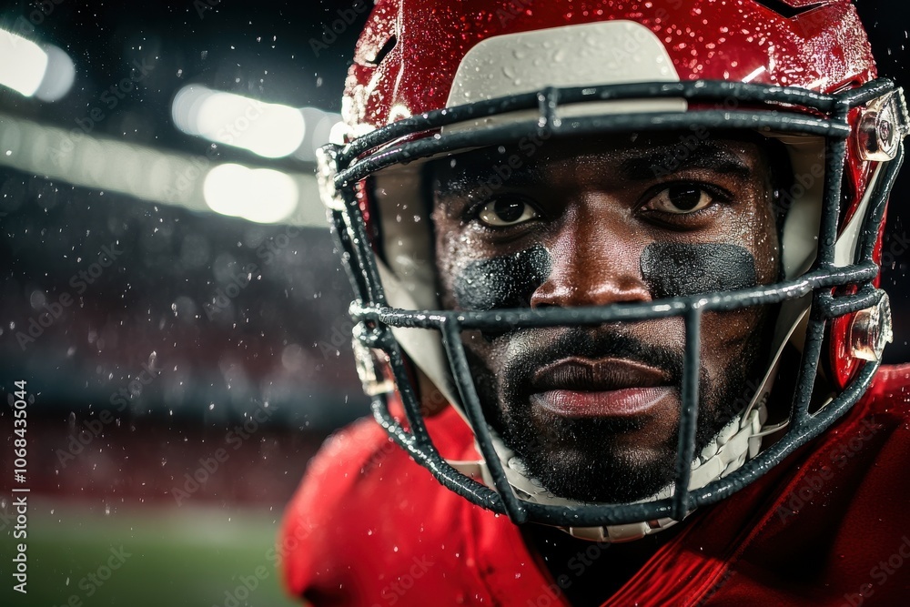 A football player with a red helmet and a black face. The player is looking at the camera