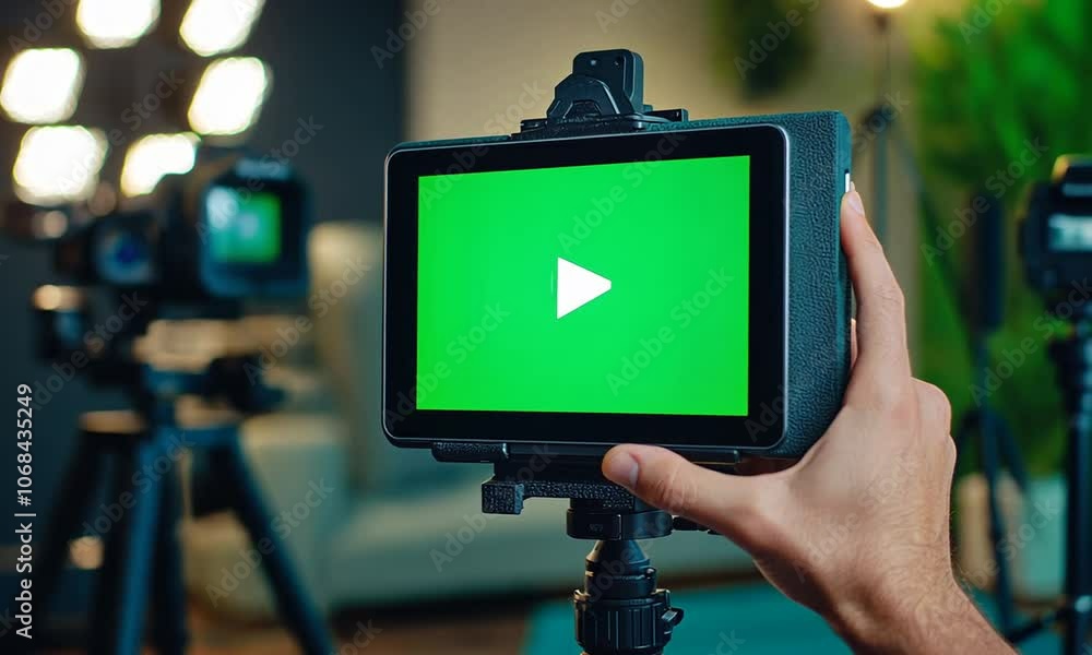 A hand adjusting a tablet with a green screen mounted on a tripod A hand adjusting a tablet with a green screen mounted on a tripod