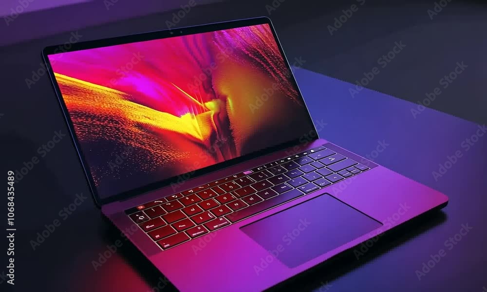 A modern Apple laptop with a colorful abstract background on the screen