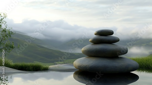 A stack of smooth, polished stones arranged harmoniously, set against a natural landscape of rolling hills and soft clouds, radiating a peaceful energy
